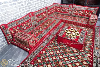 Arabisk Majlis Sæt Arabisk Jalsa Japansk L-Formet Sofa-Gulvtæppe Pude Rød Traditionel Pude Sæt Tæppe Osmanniske Møbler