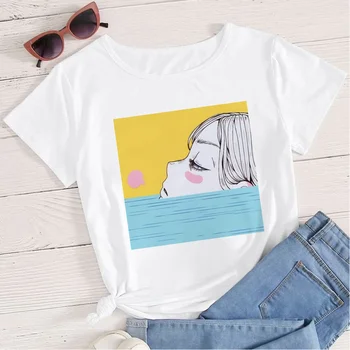 Sommeren Tage Et Bad, Kvinder T-Shirt Ung Pige Tæt På Naturen Shirt Europæiske Streetwear Rund Hals Hvid T-shirts Moderne Hipster
