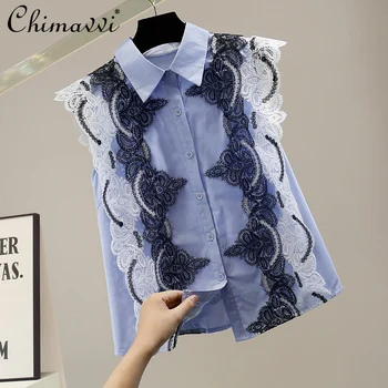 High-End-Knipling, Patchwork-Shirt til Kvinder 2021 Sommeren koreansk Mode Single-Breasted Ærmeløse Shirts Bluse Slim-Fit Enkle Toppe