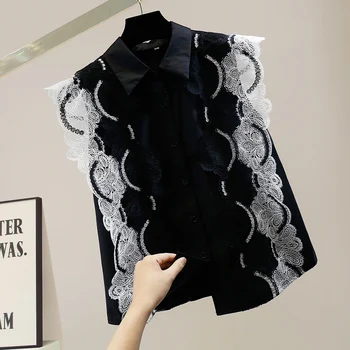 High-End-Knipling, Patchwork-Shirt til Kvinder 2021 Sommeren koreansk Mode Single-Breasted Ærmeløse Shirts Bluse Slim-Fit Enkle Toppe