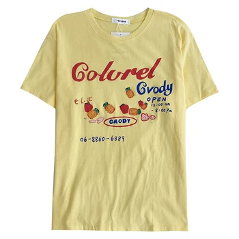 Sommeren citron gul søde candy brev udskrivning behageligt bomuld o-hals, løs T-shirt