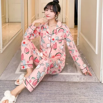 Foråret Print Dame Hjem Bære Pink Langærmet Sød Lomme Pyjamas Sæt Kvindelige Nattøj 2020 Sommeren Casual Mænds Tøj Hjem