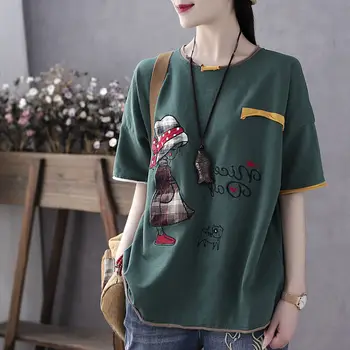 Bomuld 2021 sommeren nye udskrivning RETRO kunst kortærmet T-Shirt Top Women ' s casual løs koreansk mode