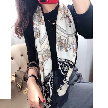 Store Torv Silke Tørklæde Sjal Vintage Transport Print Luksus Silke Tørklæder Wraps Hijab Hoved Tørklæder 100*100cm