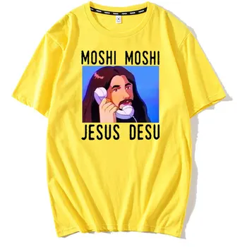 Moshi Moshi Jesus Desu Sjove Oversized T-shirt til Mænd T-Shirt Sort Bomuld Mænd Shirt Fashion T-shirt Mænd Bomuld Harajuku Teeshirt