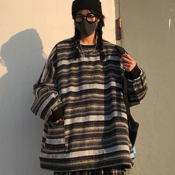 Pullovere Kvinder Oversize Ulzzang BF Unisex Par Japansk Stribet Strik Sweater Hip Hop Kvindelige Nye Vinter Mode Retro Dagligt