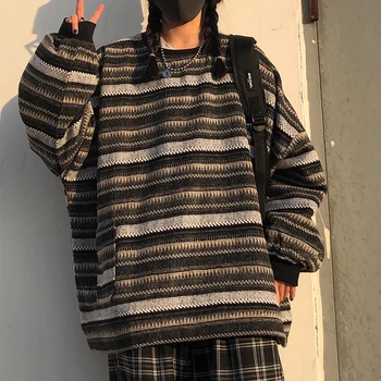 Pullovere Kvinder Oversize Ulzzang BF Unisex Par Japansk Stribet Strik Sweater Hip Hop Kvindelige Nye Vinter Mode Retro Dagligt