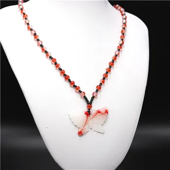 Naturlig Rød Hvid Kinesisk Jade Sommerfugl Vedhæng Perler Halskæde Charme Jadeite Smykker Mode Skåret Amulet Gaver til Kvinder