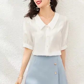 Sommeren nye stil koreanske løs forretning bære hvid skjorte chiffon simpelt vilde kort-langærmet shirt til kvinder