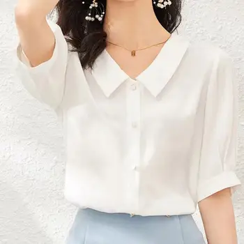 Sommeren nye stil koreanske løs forretning bære hvid skjorte chiffon simpelt vilde kort-langærmet shirt til kvinder