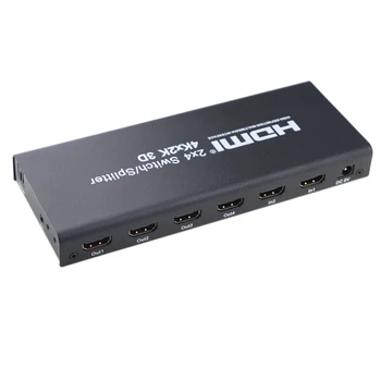 2X4 HDMI Splitter 2 I 4 Ud af HDMI Switch med SPDIF-Lyd, 3,5 mm Understøtter HD, 4K 3D 1080P Indeholder IR-Fjernbetjening Power Adapter