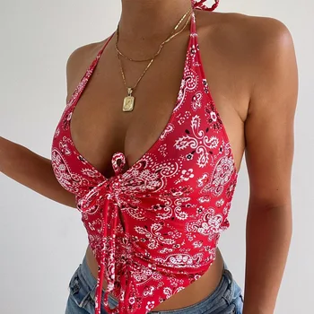 Sexet Paisley Print Halter Top Sommer Tøj til Kvinder Backless Afgrøde Top Boho Grafisk Low Cut Tanke Camis