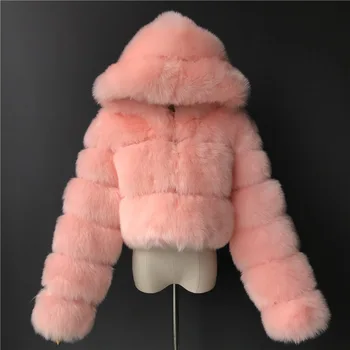 Plus size Kvinder Jakke Fashion Vinter Faux Pels, der er Beskåret, Fluffy Pels Zip Hooded Varm Kort Jakke