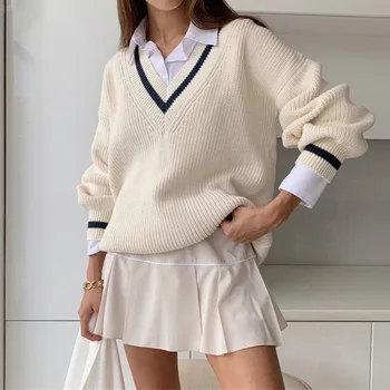 Kvinder Koreanske Preppy Stil Strikket Basic Pullover Sweater Med Lange Ærmer Beige Casual Trøjer, Jumpere Løse Overdele Overtøj