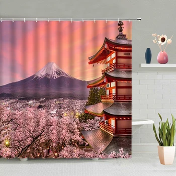 Badeværelse Dekoration Kirke, Mount Fuji Cherry Blossom Tower Baggrund Badeværelse Partition Skærm, Vandtæt Polyester-Med Kroge