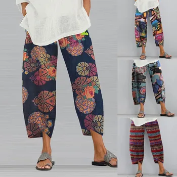 TELOTUNY Kvinder Casual Bukser Blomstret Print, Elastisk Bælte i Taljen Bred Ben Bukser Lady Vintage Boho Holiday Beach Lommer Bukser