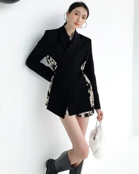Ny Mode Backless Sort Suit Blazer Damer 2021 Foråret Leopard-Print-Shirt, Toppe med Lange Ærmer To delt Sæt Kvinders Blazer Pels