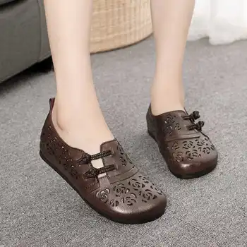 Damer retro sko brun fritid daglige sommer sko dame hul lejligheder rund tå mode flade loafers til kvinder sko