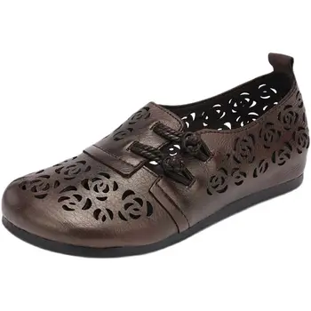 Damer retro sko brun fritid daglige sommer sko dame hul lejligheder rund tå mode flade loafers til kvinder sko