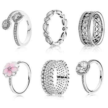 Kvinder Ring 925 Sterling Sølv Charms 9 Style Blomst Krystal Runde Cz Klart Diy Runde Ring For Kvinder Smykker