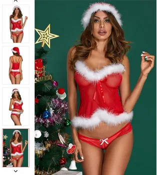 Sexet Jul Undertøj Kvinder Santa Sexet Lingeri, Sexet Blonder Mesh Ren Gennemsigtig Pyjamas Teddy Nattøj Red Lace Bh-Sæt