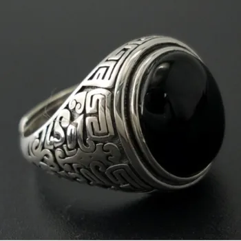 Ægte 925 Sølv Sort Granat S925 Ring For Mænd Mandlige Geometriske Mønstre Fashion Åbne Størrelse S925 Ring Sterling Thai Sølv Smykker