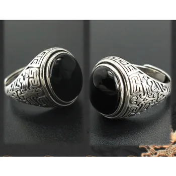 Ægte 925 Sølv Sort Granat S925 Ring For Mænd Mandlige Geometriske Mønstre Fashion Åbne Størrelse S925 Ring Sterling Thai Sølv Smykker