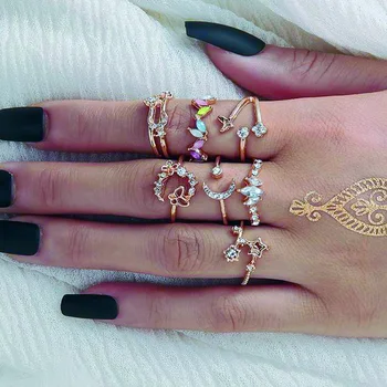 Mode Vintage Punk Guld, prydet Kvinder Måned Blomst Kærlighed Charme Retro Farve Krystal Finger-Finger Ring for Lady Boho Smykker