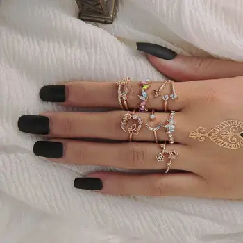 Mode Vintage Punk Guld, prydet Kvinder Måned Blomst Kærlighed Charme Retro Farve Krystal Finger-Finger Ring for Lady Boho Smykker