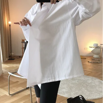 Oversized Shirts Dame Dreng Ven Style Enkelt Knap Lange Ærmer Revers Løs Bluse Kvindelige Bomuld Toppe Koreansk Tøj