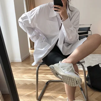 Oversized Shirts Dame Dreng Ven Style Enkelt Knap Lange Ærmer Revers Løs Bluse Kvindelige Bomuld Toppe Koreansk Tøj