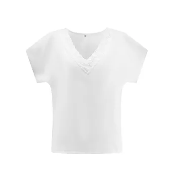 2021 Sommeren Nye Mode Kvinder Solid kortærmet Lace Slank Sexy V Hals Casual Bluse Toppe Sort og Hvid t-shirts