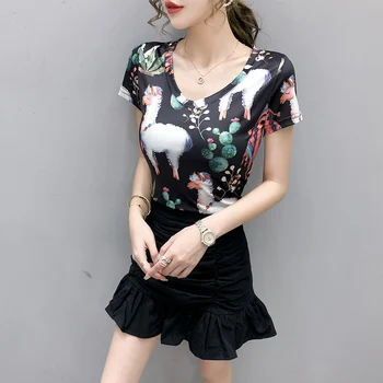 Sommeren koreansk Stil Slim T-Shirt Mode Sexet Udskrive Tegneserie Dyr Kvinder Toppe Casual Bunden Shirt Alle Match Tees 2021 T13929A