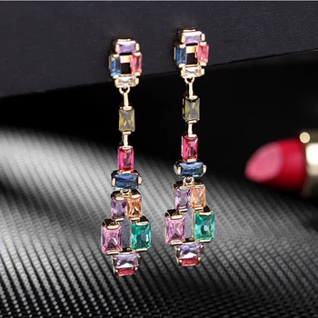 Kvinders gemstone crystal lange øreringe mikro-indlagt farverige zircon geometriske øreringe