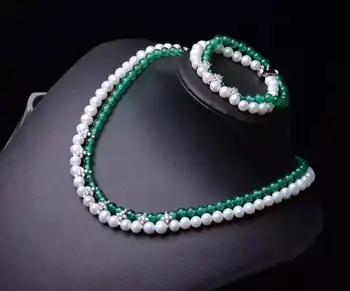 Kvinders micro indlæg zircon lås tilbehør til 8-9 mm hvid ferskvands perle 8mm grøn sten halskæde armbånd sæt