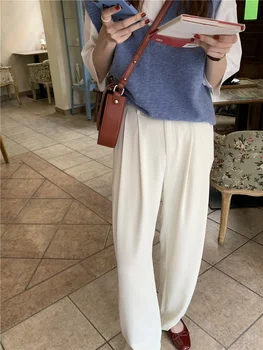 Sommeren Kvinder Lige Lange Bukser Med Høj Talje Løs Solid Farve Koreansk Stil Vintage Kontor Dame Kvindelige Bukser 2021 Ny