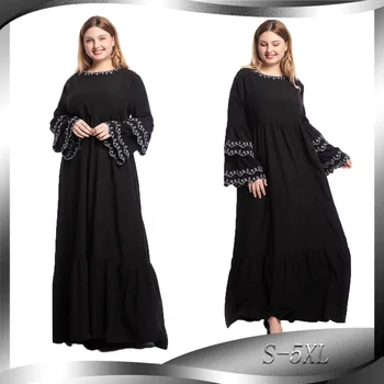 Donsignet Muslimske Kjole Muslimske Mode Plus Size Kronblad Ærme Kjole Med Lange Ærmer Broderi Slim Abaya Lange Kjoler Dubai