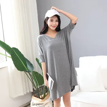 Nye Sommer Tynd Modal Nightgowns For Kvinder Halv Ærmer V-Hals Kvinders Nightdress Plus Size Løs Kvindelige Nattøj