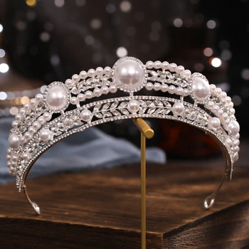 Rhinestone Crown Hovedbøjle Brud Pearl Halv Cirkel Sølv Hårbånd Kjole Tilbehør Til Bryllup Tiara Champion Hovedklæde