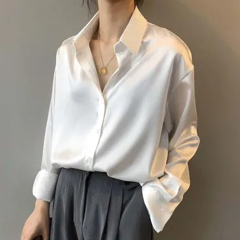 Koreansk Stil Bluser for Kvinder med Lange Ærmer Satin Silke Shirt i Overstørrelse, Casual Løs Vintage Tøj til Kvinder Tunika Elegante Skjorter
