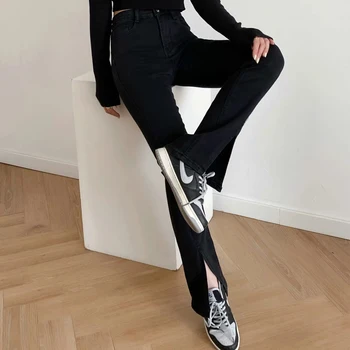 Kvinder harajuku Casual koreanske black små fødder Slids Jeans Slim høj talje denim bukser lomme, vintage Streetwear Bukser Lady