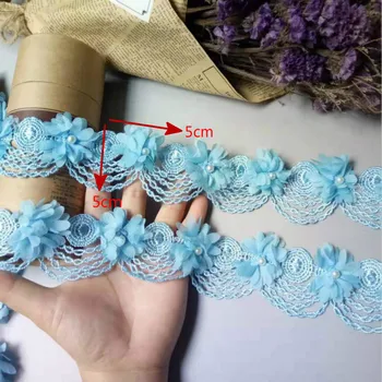 10X Blue Pearl Chiffon Blomst Broderede Blonder Trim Bånd Floral Applique Stof Håndlavet DIY Bryllup Kjole at Sy Håndværk