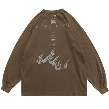 Aolamegs Sweatshirts Mænd Vintage Illustration Flamme Print Pullover, Løs, Afslappet Toppe Harajuku Punk High Street Streetwear Efteråret