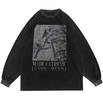 Aolamegs Sweatshirts Mænd Vintage Illustration Flamme Print Pullover, Løs, Afslappet Toppe Harajuku Punk High Street Streetwear Efteråret
