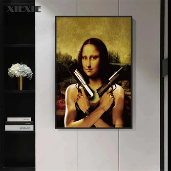 Vintage Mona Lisa Pistol Lærred Maleri Kreative Pistol Plakat To Pistol Væg Kunst Udskriv Billede for Home Living Room Dekoration