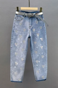 Bomuld Kærlighed Mønster Rhinestone Ankel-Længde Jeans til Damer 2021 Sommeren Nyt Lys Blå Høj Talje Løse haremsbukser til Kvinder