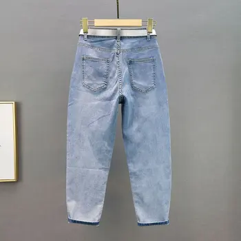Bomuld Kærlighed Mønster Rhinestone Ankel-Længde Jeans til Damer 2021 Sommeren Nyt Lys Blå Høj Talje Løse haremsbukser til Kvinder