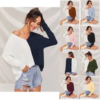 2020 efteråret nye kontrast syninger v-hals casual t-shirt med lange ærmer jakke kvinder