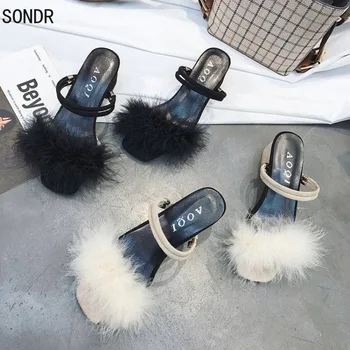 Strudsefjer Sandaler Kvinder Sko Pels Firkantet Hæl Dame med Dobbelt Anvendelse, Kiler Indendørs Dias Plus Size sko til kvinder sandaler 2021