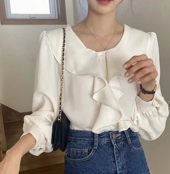Korean Style Smarte Romantisk fransk Elegance Lille Fe Søde Unge-Leder Flounced rund Hals langærmet Skjorte Top